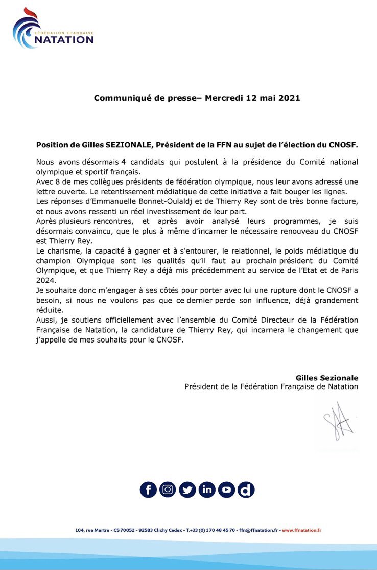 Pour les élections à la Présidence du CNOSF, je soutiens et m’engage aux côtés de Thierry Rey. 
Mon communiqué de presse ci-dessous. 

#CNOSF2021 <a href="/pour_rey/">Thierry Rey "Pour les 108"</a>