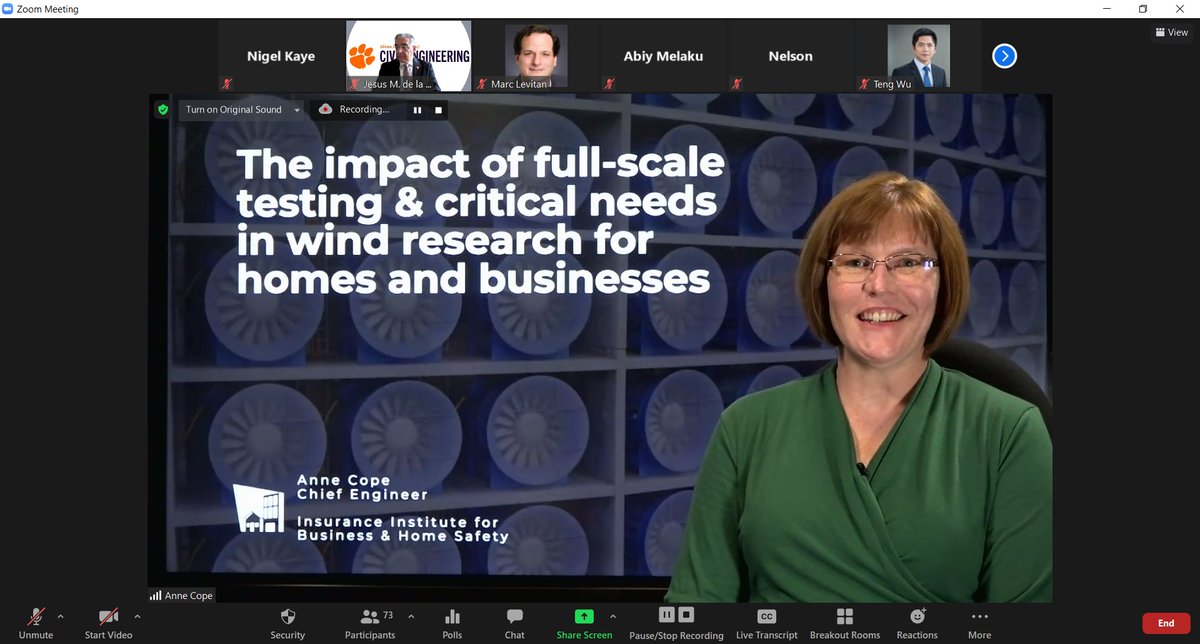 CUCivilEng's tweet photo. Dr. Nigel Kaye, chair of the 6th Annual #AAWE (American Assoc for Wind Eng Workshop) happening today via Zoom.  Dr. Ann Cope ((BSCE '95, MSCE 97), Chief Engineer at (https://t.co/gKX5Ftn9W6) presented on this topic. #windengineering #structuralengineering https://t.co/uqu35Iahwa