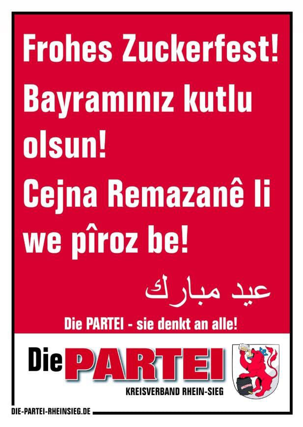 Wir denken an alle marginalisierten Gruppen. Obwohl uns der feministische Gruß an die Welt verwehrt blieb, grüßen wir nun die Muslime. Im #RheinSiegKreis sind viele verschiedene Kulturen zu Hause – das schätzen wir sehr. Denn Homogenität sieht nur auf dem Teller schön aus.