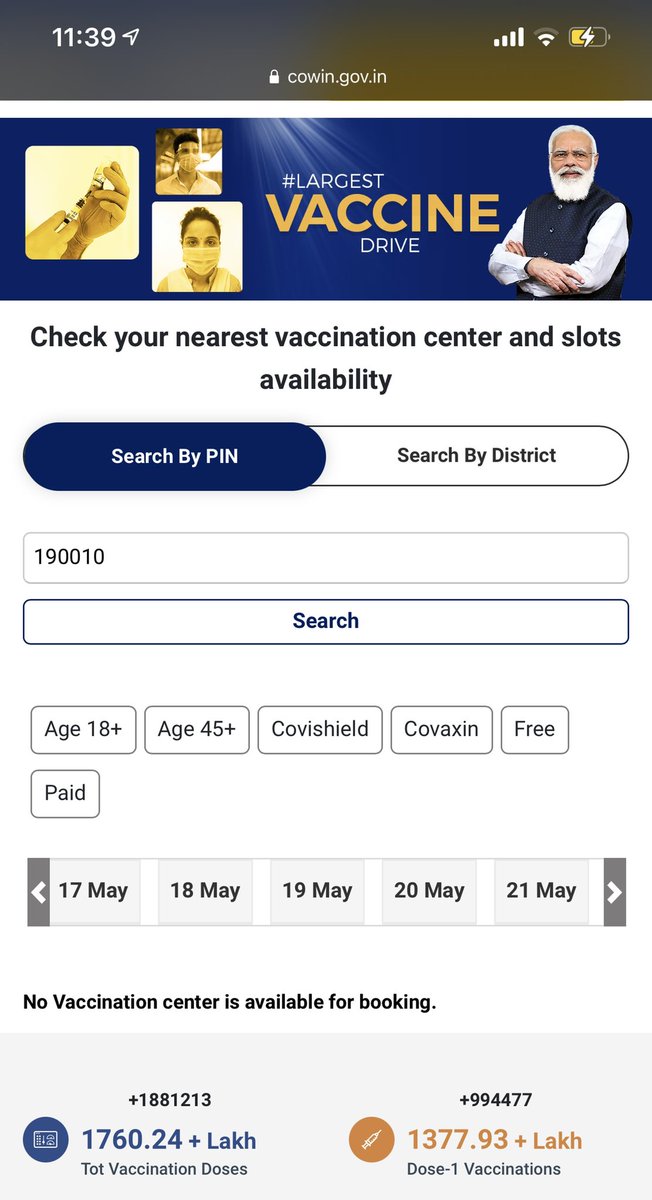 <a href="/manojsinha_/">Manoj Sinha</a> Sir vaccine shortage is in Srinagar as I went to book it, but website shows no Center is available for booking .. I am checking this same for past 4 days . Please provide vaccine so that we can stop this deadly virus ASAP. #StaySafeStayHealthy