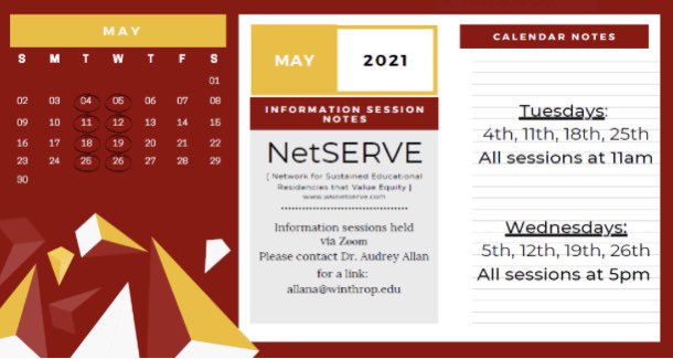 WUNetSERVE's tweet photo. Contact Dr. Audrey Allan at allana@winthrop.edu to receive a link for the #NetSERVE information today at 5pm! https://t.co/IOdvlkxNQw