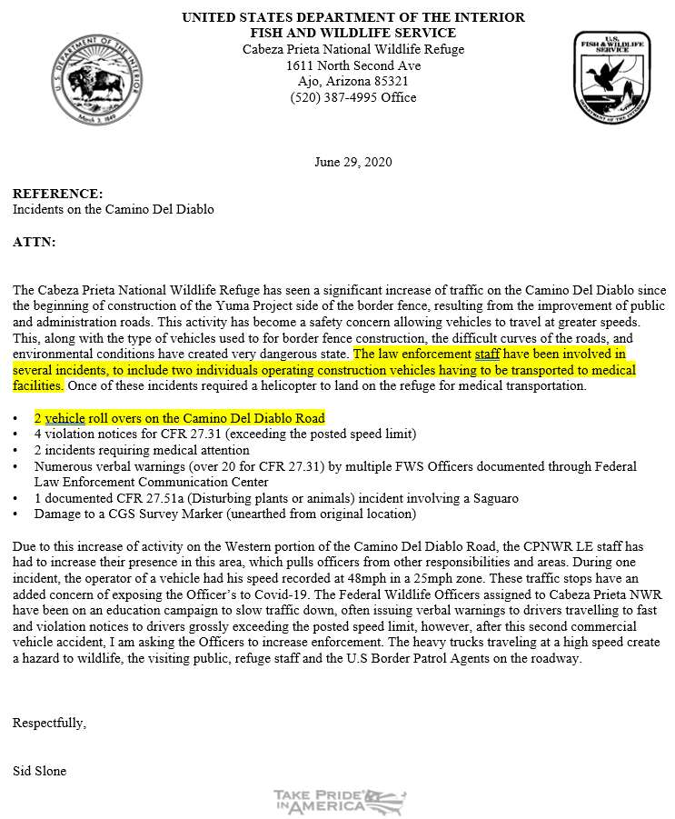 LaikenJordahl's tweet photo. NEW: @USFWS FOIA docs detail astounding recklessness by #BorderWall construction crews &amp; @DHSgov, including vehicle rollovers, a helicopter evacuation in wilderness, numerous speeding violations &amp; the destruction of saguaro &amp; other vegetation at the Cabeza Prieta Wildlife Refuge. https://t.co/k7zf3RYvzJ