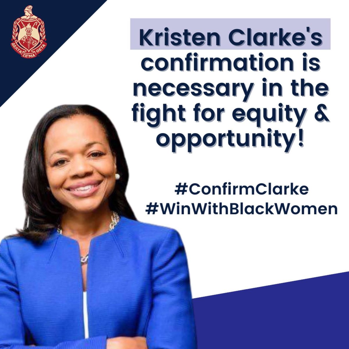 If confirmed, Kristen Clarke will be the first woman &amp; first Black woman to lead the DOJ’s Civil Rights Division. Her leadership, drive, and experience are crucial for ending the rise of hate crimes. 

Call your senator &amp; ask them to vote yes.
#ConfirmClarke #PowerInOurVoice