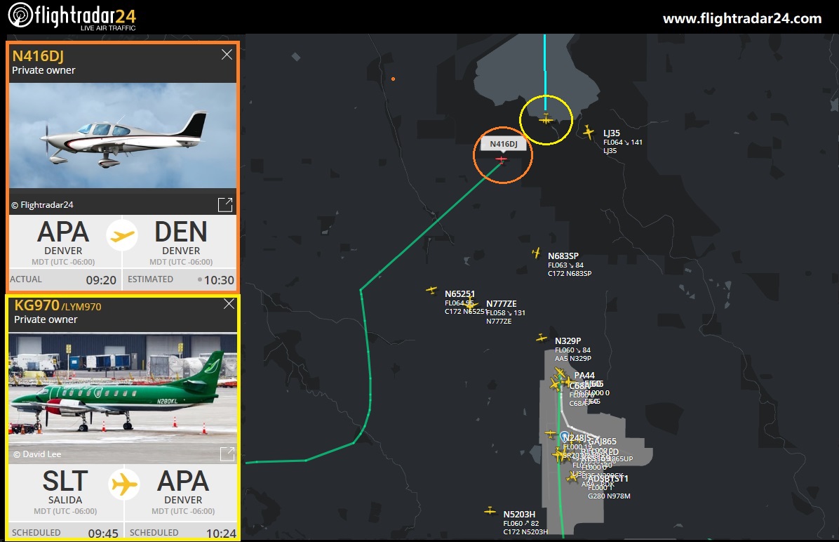 JacdecNew's tweet photo. Key Lime Air Metroliner (N280KL) was badly damaged in a mid-air collision with a Cirrus SR-22 (N416DJ) while on final approach to Denver-Centennial AP. The Cirrus activated the parachute rescue system. The Metro managed to land safely. @CockpitChatter
https://t.co/oMzYT6SD99 https://t.co/f5sxGyNhWx