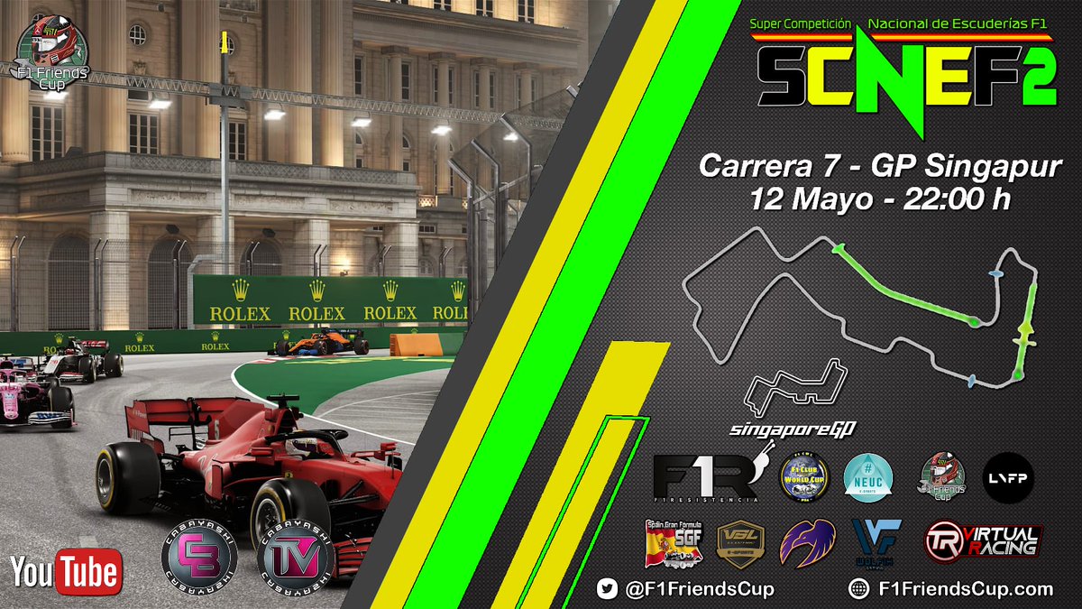 ¡Hoy es día de F1, es día de SCNEF2! A partir de las 22:00 horas séptima prueba puntuable de la temporada en el trazado nocturno por excelencia... ¡SINGAPUR!

Te lo cuenta <a href="/Cabayashi/">𝓒𝓪𝓫𝓪𝔂𝓪𝓼𝓱𝓲</a> en su canal de YouTube a partir de las 22:00 horas.

youtube.com/channel/UCCh0q…

¡Suerte a todos!