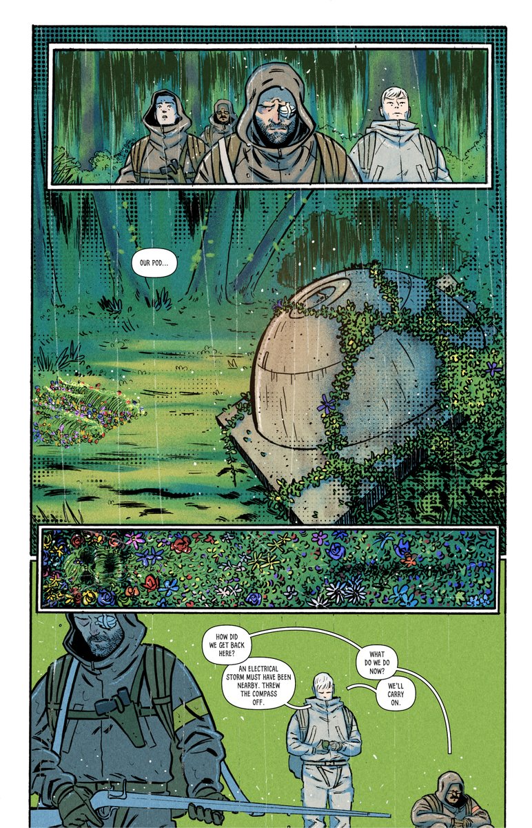 GoGoatComics's tweet photo. The story of four men making their way through a dangerous terrain of an alien planet, where it is always raining.

A fan-made comic illustrated by @artyomtopilin based on a short story by Ray Bradbury: 
https://t.co/KBaLu2kmN0 https://t.co/X3o2pKRzpq