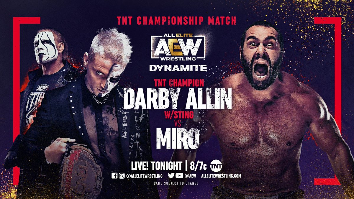 AEW's tweet photo. The @AEWonTNT Championship will be defended TONIGHT on #AEWDynamite LIVE, as @DarbyAllin goes for his 10th straight defense when he faces @ToBeMiro! If Darby cannot compete...he'll forfeit the title. 

Watch Dynamite tonight at 8/7c on @tntdrama! https://t.co/Q6ZmGEU1tO