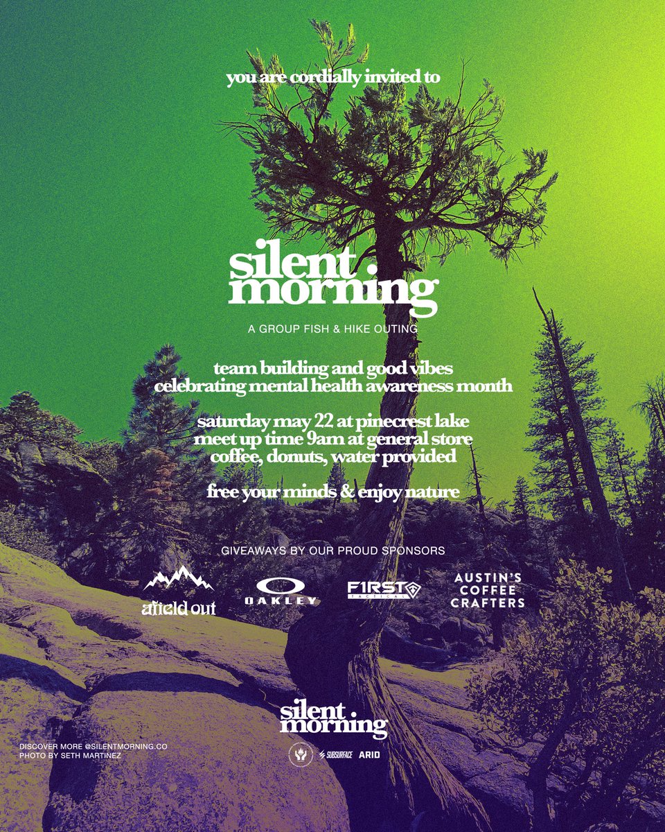 You are cordially invited to Silent Morning - a group fish and hike outing.

Team building and good vibes celebrating Mental Health Awareness Month.

Saturday May 22 at Pinecrest Lake, CA 

<a href="/sbsrfc/">SBSRFC®</a> <a href="/arid_labs/">ARID</a>