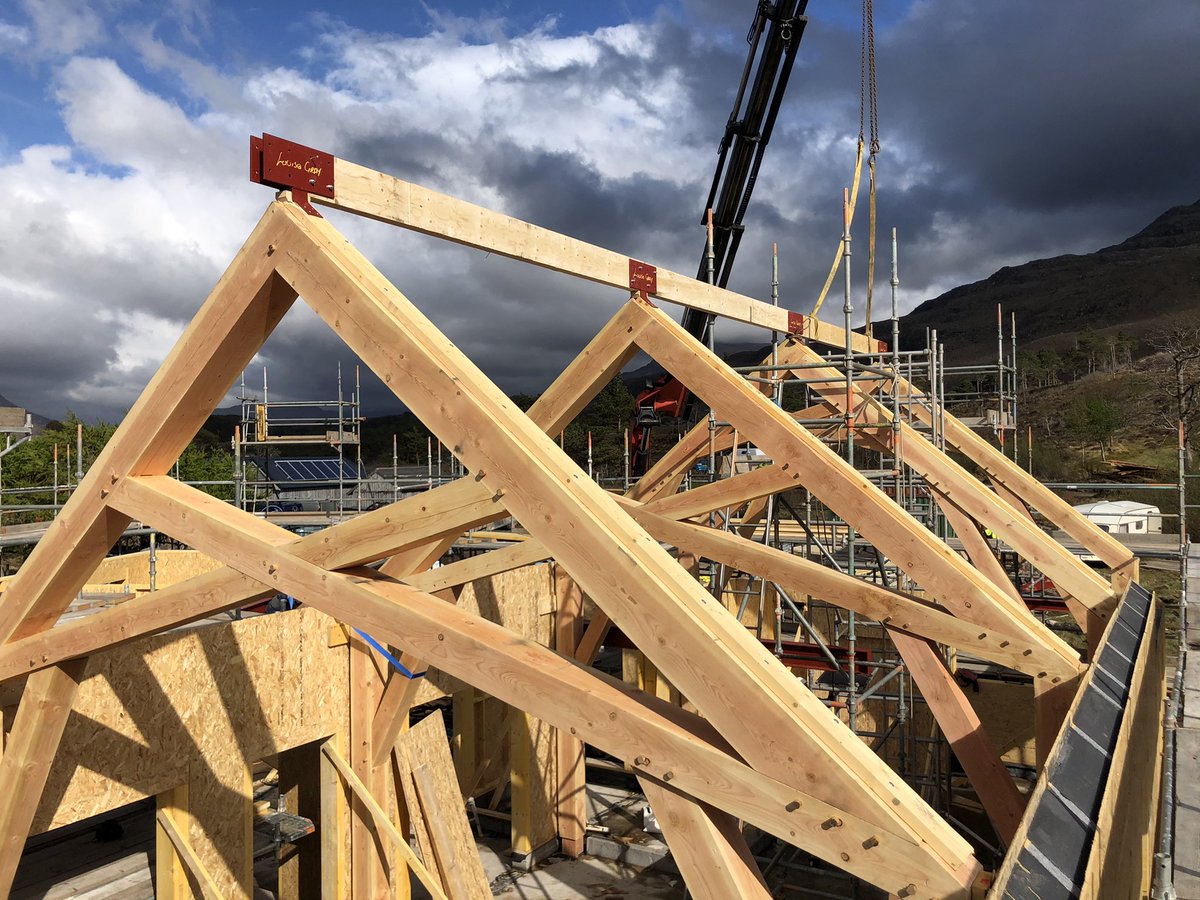 All four #timberframes are up #douglasfir #architecture #highlands #scotland #bendamphestate #bendamphhouse #timberframe #wood #construction #trees #scissorbrace #justinrose #design #scottishhomes