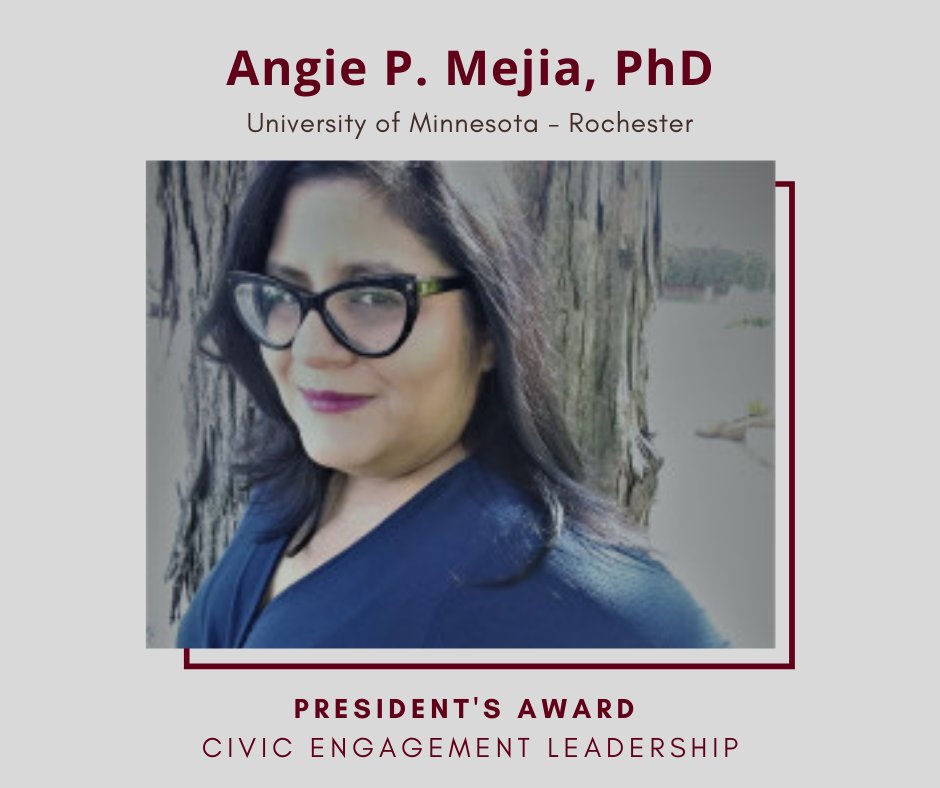 Congratulations to @UMRochester's 2021 Presidents' awardee for civic engagement leadership, Angie P. Mejia, PhD! Visit our website to read more about the awardees! buff.ly/3mO4724 buff.ly/3oOplwG