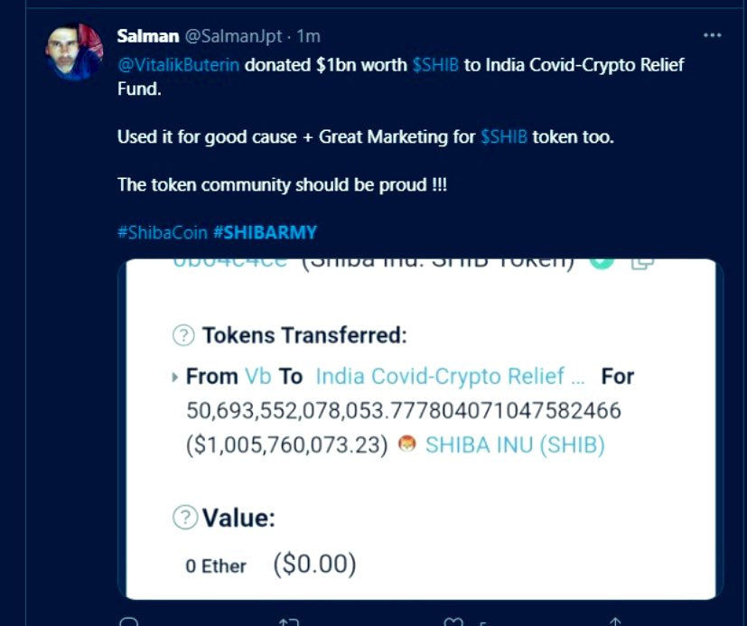 One for the good cause 🤝

Thankyou shiba ❤️. 

#buy #the #dip

$Elon $Shiba $Doge 🚀🚀🌝
#Crypto #saves #india #India #needs #Crypto.