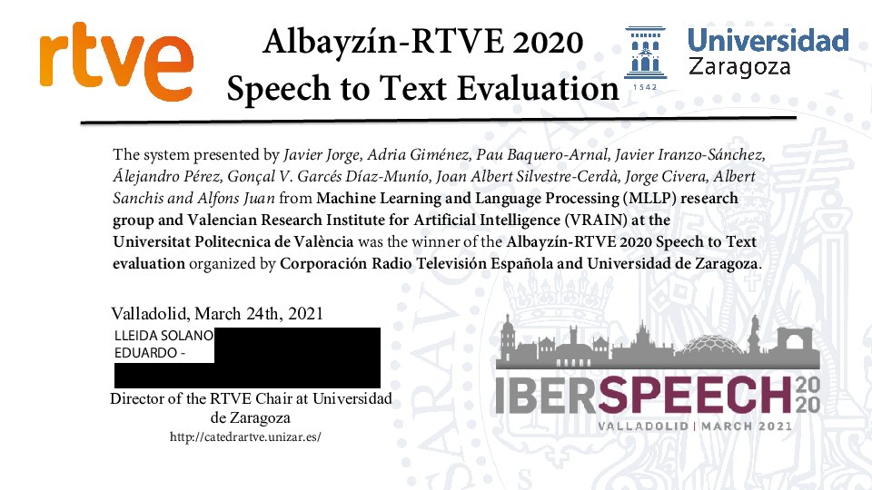 The MLLP research group of <a href="/VRAIN_upv/">VRAIN</a> &amp; <a href="/UPV/">Universitat Politècnica de València</a> consolidate their position as leaders in live automatic subtitling for TV with their first place at the #IberSpeech2020 RTVE Challenge coorganized by <a href="/RTVE/">RTVE</a>. Read all about it: mllp.upv.es/the-mllp-obtai…