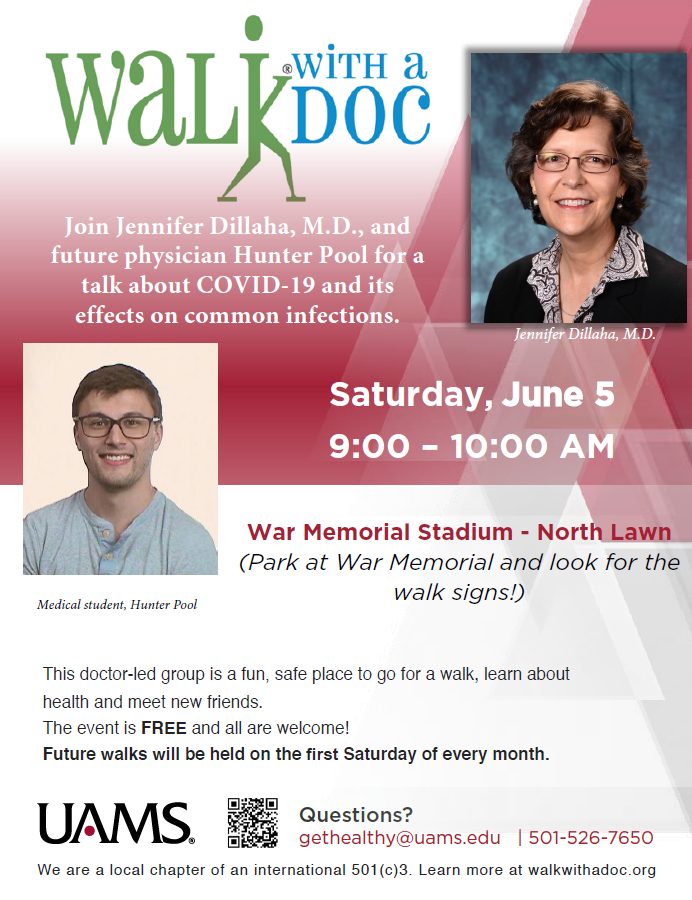 UAMSHR's tweet photo. Walk with a Doc is back! June 5, join us for a talk and a walk with Dr. Jennifer Dillaha and Future Doc Hunter Pool. @uamshealth  @walkwithsdoc
*social distancing and mask wearing will be required. https://t.co/P38RD2pHmW
