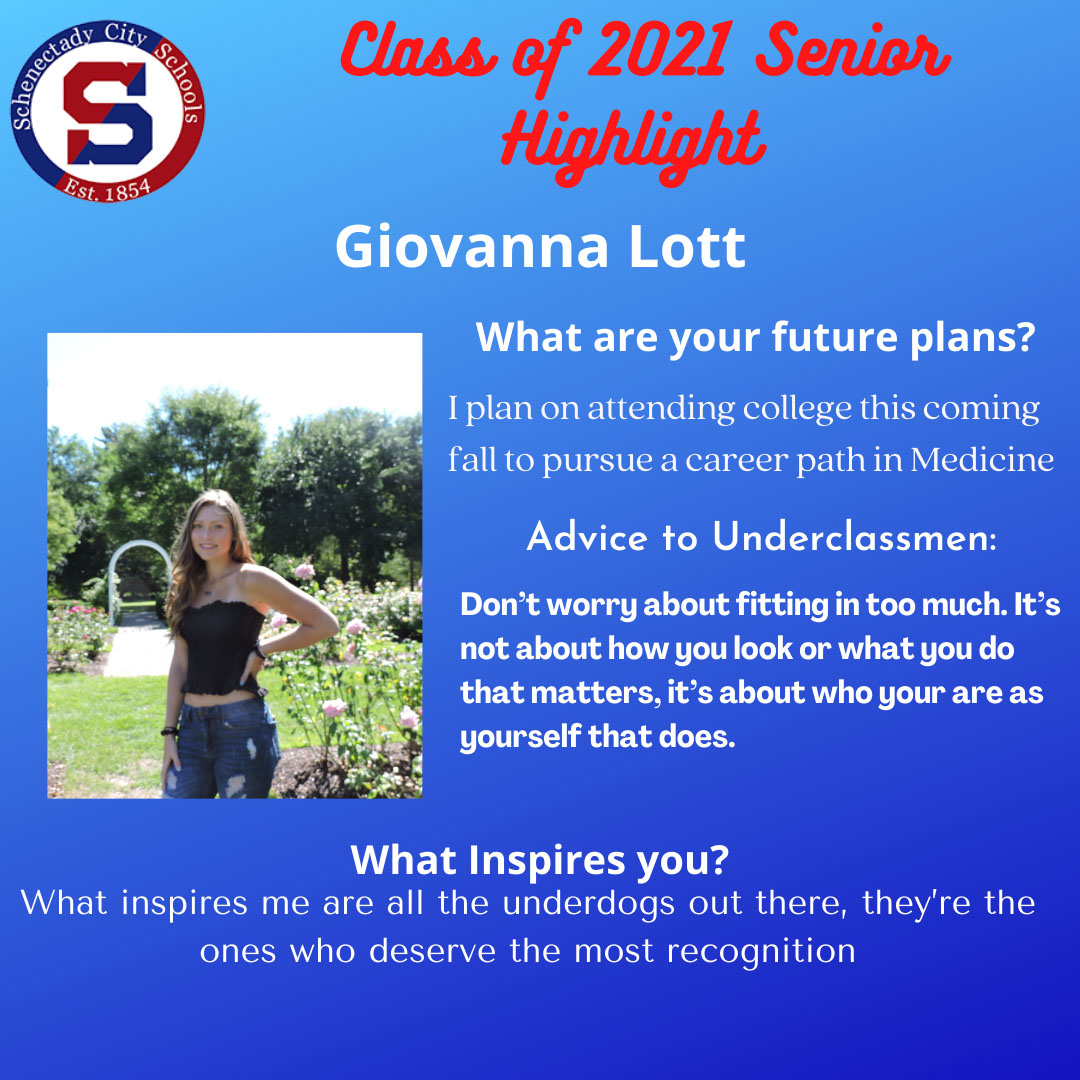 SCSchools's tweet image. Congrats &amp;amp; best wishes toGiovanna Lott, our afternoon SHS Class of 2021 Senior Highlight🙌 She plans to attend college &amp;amp; pursue a career in medicine🩺Listen to Giovanna💯&quot;don&apos;t worry about fitting in.&quot; #BETRUE2YOU #bestself 😎Good luck Giovanna!  #schenectadyvibes #shsclassof2021