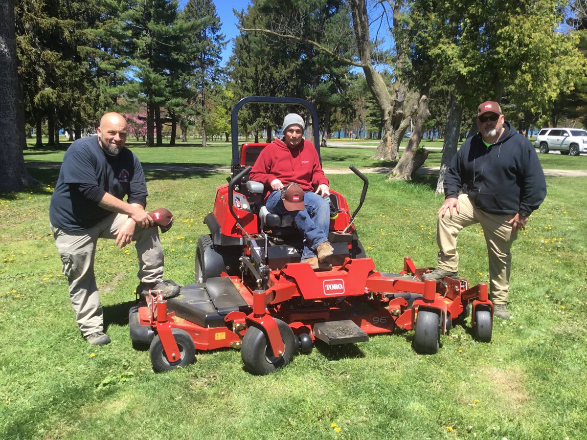 Frank Rotella(on left),Mark and Mark from beautiful Krull Park in Niagara County New York along Lake Ontario strike a pose with their new Toro Z Master 7500 with a 96” deck. Thank you Niagara County Parks Department!!