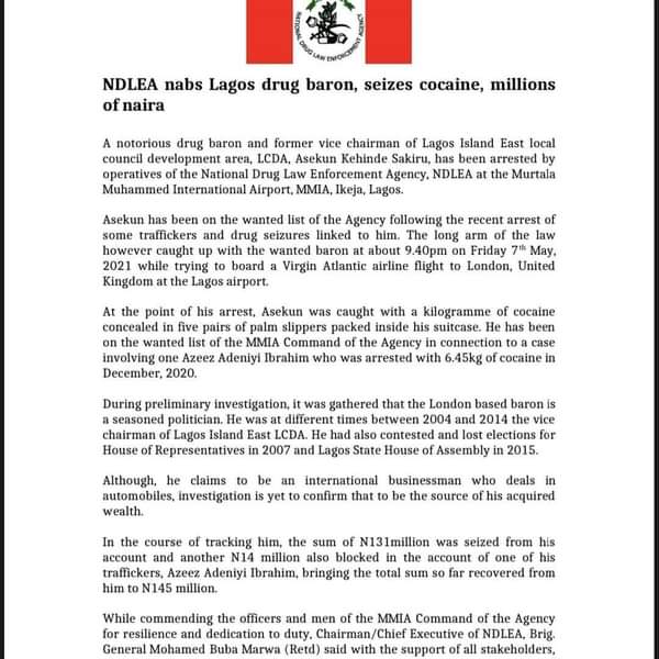 Akuremi's tweet photo. IN THE NEWS TODAY!!

Former Lagos LG Chairman Arrested With Cocaine Worth Millions Of Naira At Airport @BolanleCole https://t.co/SIxTwIpzzu