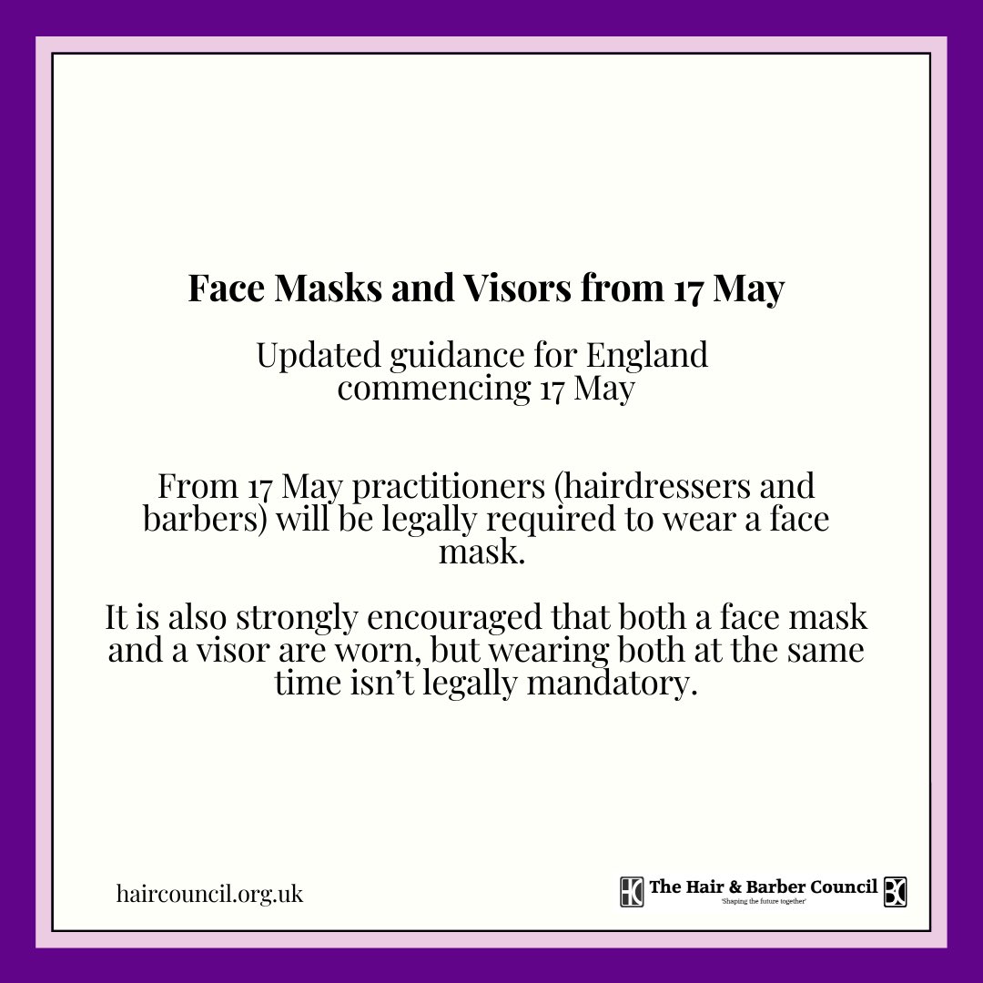Latest update on wearing of masks and visors from 17 May.