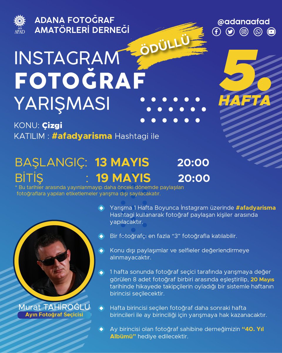 #afadyarisma Instagram Fotoğraf Yarışmamız'ın 5. Haftası Başlıyor!!! Bu Ayın Fotoğraf Seçicisi, Değerli hocamız Sn. Murat TAHİROĞLU ( @murattahirogluphotography )

Siz de bu yarışmaya katılmayı düşünecek arkadaşlarınızı yoruma ekleyin...