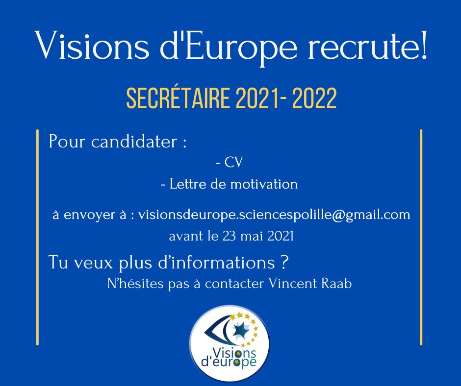 🇪🇺 Semaine de recrutement 🇪🇺
Visions d'Europe recrute un.e secrétaire !
Découvrez le témoignage de Vincent Raab
Pour candidater : CV + lettre de motivation à envoyer à visionsdeurope.sciencespolille@gmail.com avant le 23 mai