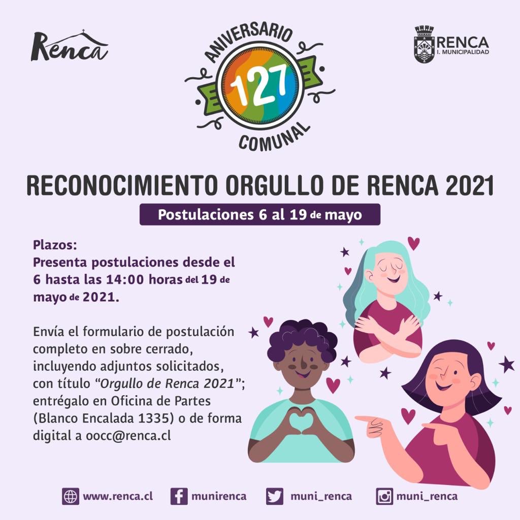 Estamos de aniversario comunal y queremos agradecer a las vecinas y vecinos que trabajan con esfuerzo y dedicación por contribuir al desarrollo de la comuna y colaborar en mejorar la vida de su comunidad, a través del reconocimiento #OrgulloDeRenca.