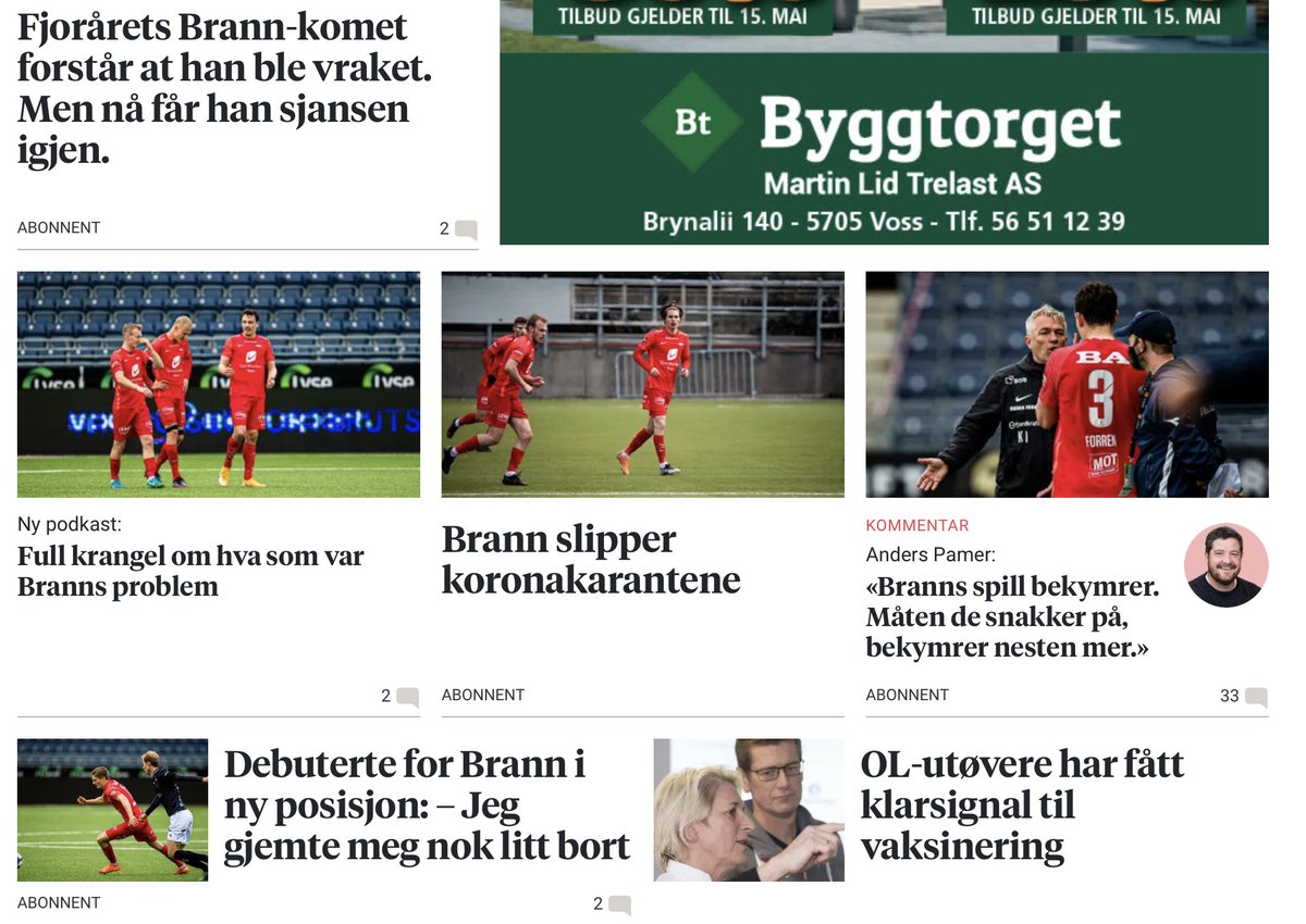 14/17 siste sakene på sportsidene til BT er fotballrelatert. 7/10 siste sakene er Brannrelatert. Samtidig sikret en bergenser ekstraomganger i den svenske sluttspillfinalen i håndball. Men det er ikke sport for <a href="/btno/">Bergens Tidende</a> (Utdrag fra Brann-magasinet)