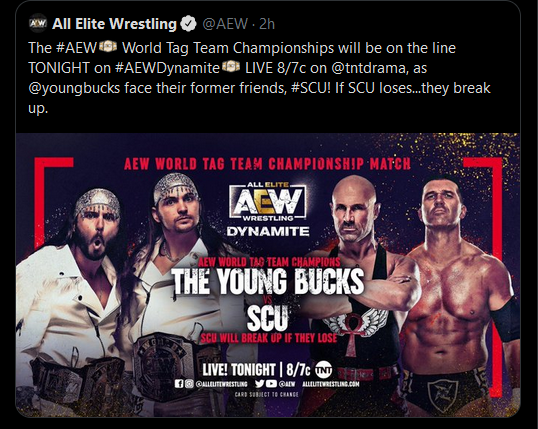 Old fashioned bookers who refuse to move with the times would have had the heels young bucks forcing #SCU to agree to this stipulation in order to get a shot. Wrestling has now evolved so the face team impose damaging stipulations upon themselves #AEWDynamite