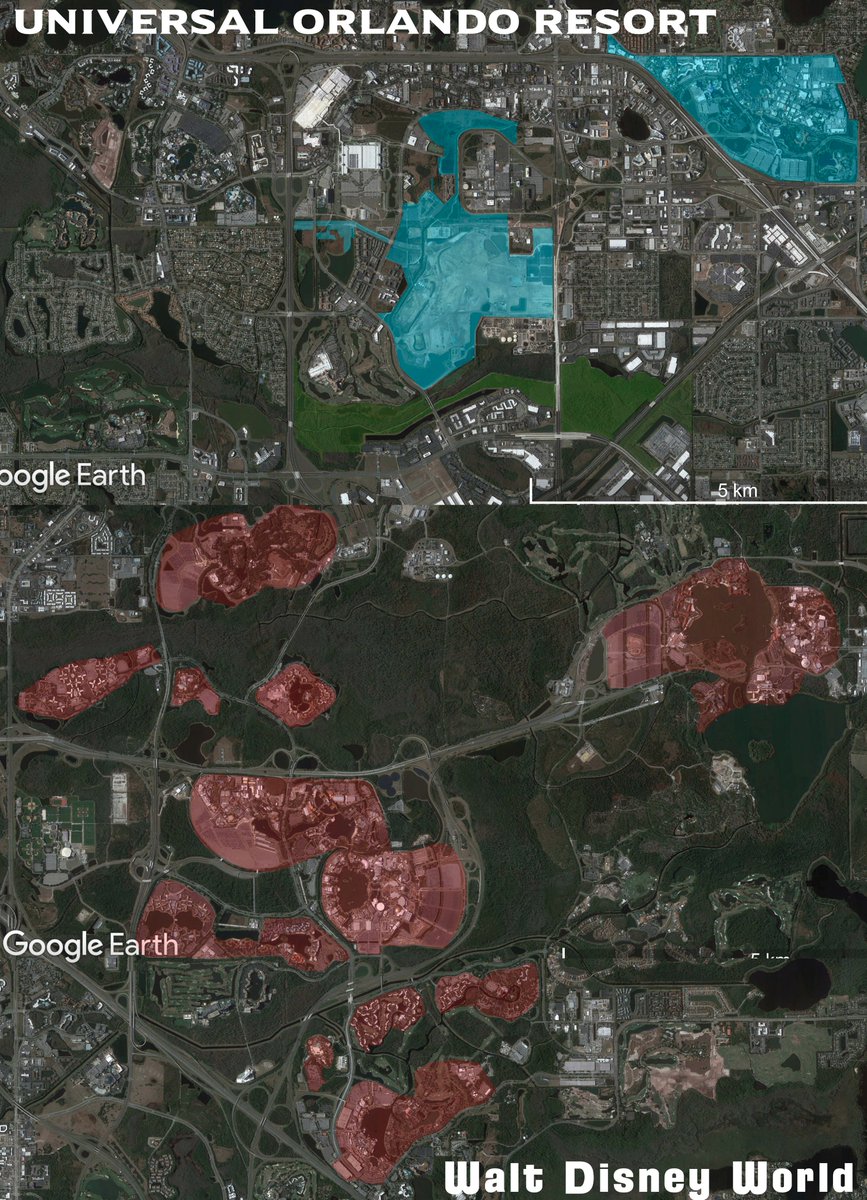  #EpicUniverse to comparision time. Disney obviously has WAY more land but im including DVC time share resorts, however, UOR are more efficient with how they use land. eg UOR turned 30Acres into ~180Acres by building multi-story at City Walk & will do so at UEU too one day..