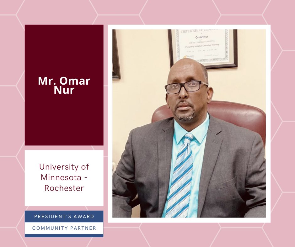 Congratulations to @UMRochester's 2021 Presidents' awardee for community partners, Mr. Omar Nur! Visit our website to read more about the awardees! buff.ly/3mO4724 buff.ly/3oOplwG