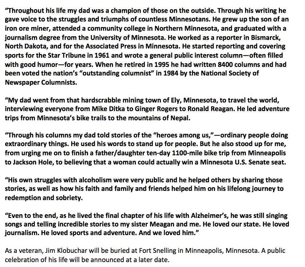 Amy Klobuchar on Twitter "We lost my dad Jim Klobuchar today at age 93