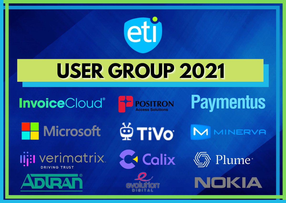 ETI Software (@eti_software) on Twitter photo ETI is looking forward to our virtual user group meeting. We love our customers and excited to share our latest products to help them grow and innovate
<a href="/InvoiceCloud/">InvoiceCloud</a> @PositronInc <a href="/PaymentusCorp/">Paymentus</a> <a href="/Microsoft/">Microsoft</a> <a href="/TiVo/">TiVo</a> <a href="/MinervaNetworks/">Minerva</a> <a href="/VerimatrixInc/">Verimatrix</a> <a href="/CalixHQ/">Calix</a> <a href="/plume/">Plume</a> @ADTRAN <a href="/EvolutionDig/">Evolution Digital</a> ETI is looking forward to our virtual user group meeting. We love our customers and excited to share our latest products to help them grow and innovate
<a href="/InvoiceCloud/">InvoiceCloud</a> @PositronInc <a href="/PaymentusCorp/">Paymentus</a> <a href="/Microsoft/">Microsoft</a> <a href="/TiVo/">TiVo</a> <a href="/MinervaNetworks/">Minerva</a> <a href="/VerimatrixInc/">Verimatrix</a> <a href="/CalixHQ/">Calix</a> <a href="/plume/">Plume</a> @ADTRAN <a href="/EvolutionDig/">Evolution Digital</a>