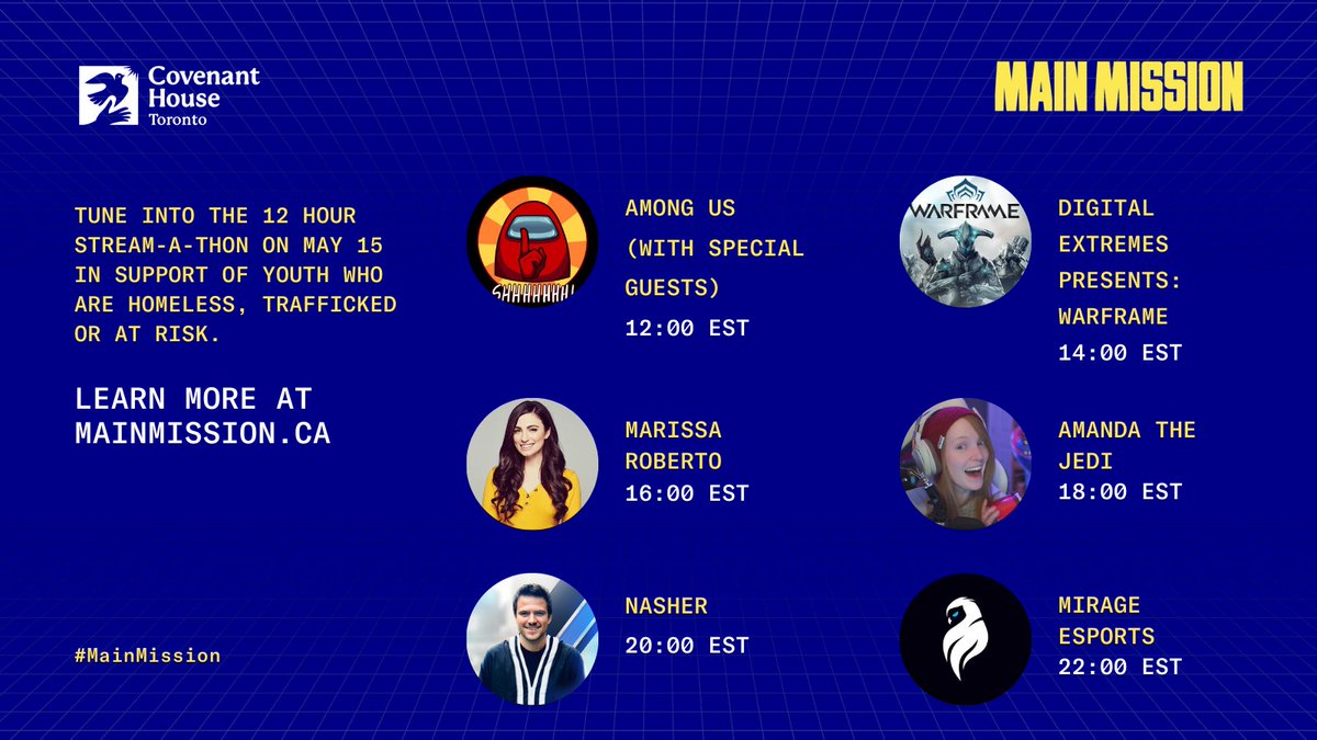 CHTMainMission's tweet photo. We are so excited to share with you our official roster for our 12 hour stream-a-thon on Saturday! @AmongUsGame @DigitalExtremes @MarissaRoberto @AmandaTheJedi @TheNasher61 @MirageSportE Hope to see you there: https://t.co/gnCGIOZzpT #MainMission #GamingforGood #Twitch #Streamers https://t.co/R2rJMvsabr