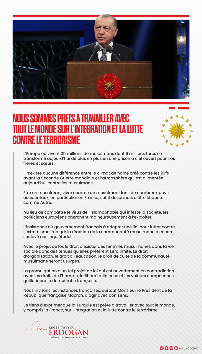 Je tiens à exprimer que la Turquie est prête à travailler avec tout le monde, y compris la France, sur l’intégration et la lutte contre le terrorisme.