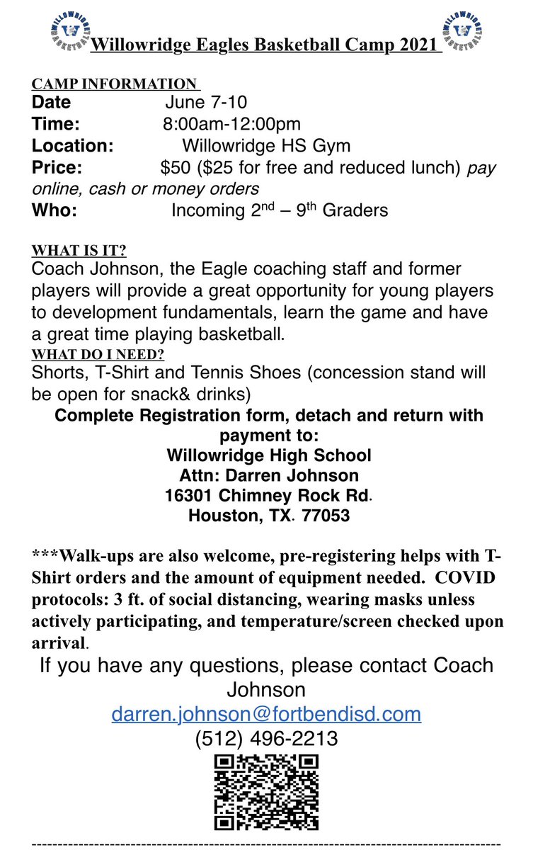 🏀EAGLE BASKETBALL CAMP🏀
Don’t miss out on the fun. Sign up now to ensure you get a T-Shirt!  Can’t wait to see you there!  GO EAGLES!!!
<a href="/WillowridgeFB/">Willowridge Football</a> <a href="/Willowridge_HS/">Willowridge HS</a> 
<a href="/CMMS_Hawks/">McAuliffe Middle School</a> <a href="/BRE_Eagles/">Blue Ridge Elementary</a> <a href="/RME_Roadrunners/">Ridgemont Elementary</a> <a href="/RGE_Rangers/">Ridgegate Elementary</a> <a href="/JJohnson0915/">Joël Johnson</a>