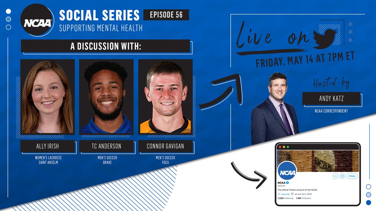 𝐍𝐂𝐀𝐀 𝐒𝐨𝐜𝐢𝐚𝐥 𝐒𝐞𝐫𝐢𝐞𝐬 | 𝐄𝐩 𝟓𝟔 | 𝟕𝐩 𝐄𝐓
𝘚𝘶𝘱𝘱𝘰𝘳𝘵𝘪𝘯𝘨 𝘔𝘦𝘯𝘵𝘢𝘭 𝘏𝘦𝘢𝘭𝘵𝘩

<a href="/TheAndyKatz/">Andy Katz</a> talks w/ student-athletes who have developed mental health programs: Ally Irish of <a href="/STAHawks/">Saint Anselm Hawks</a> and former <a href="/FGCUEagles/">FGCU Athletics</a> teammates TC Anderson &amp; Connor Gavigan.