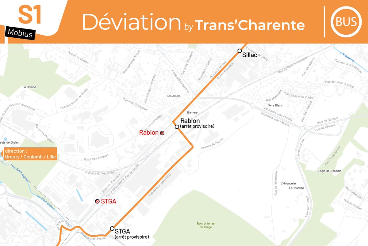 TransCharente's tweet photo. || Travaux route de Bordeaux ||
#mobiusA #mobius7 #mobius70 #mobiusS1 du jeudi 13/05 à 8h au 17/05 à 18h environ :

- Les arrêts "Rabion" et "STGA" ne seront pas desservis.

- Reportez vous aux arrêts provisoires situé rue de la Brigade RAC. https://t.co/52ZCLaxeAt