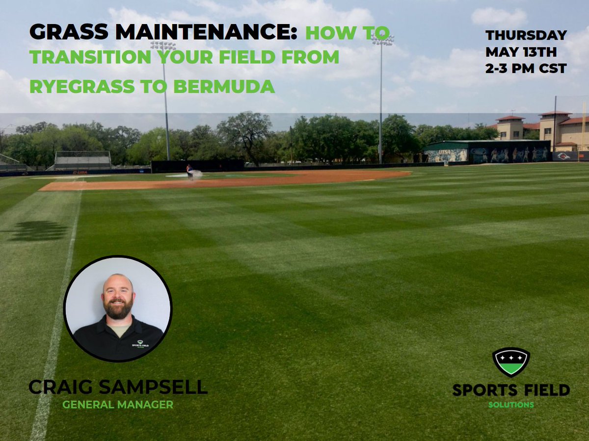 SFSturf_pros's tweet photo. FREE WEBINAR! Join us tomorrow as 
@CSampsell , an expert in sports field maintenance, shares his knowledge on how to transition your sports field from ryegrass to bermuda. Click the link below to reserve your spot! Retweet!
https://t.co/haeycfglMq https://t.co/u78R0YCrxB