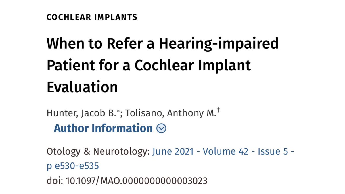 UTSWENT's tweet image. Useful guidelines from UTSW’s Jake Hunter and Anthony Tolisano. “A WRS of &amp;lt;60% in the better hearing ear derived from a routine audiogram will identify 83.1% of CI candidates while appropriately excluding 63.8% of patients.”@JacobBHunter #utsw #utswbrain #CochlearImplants