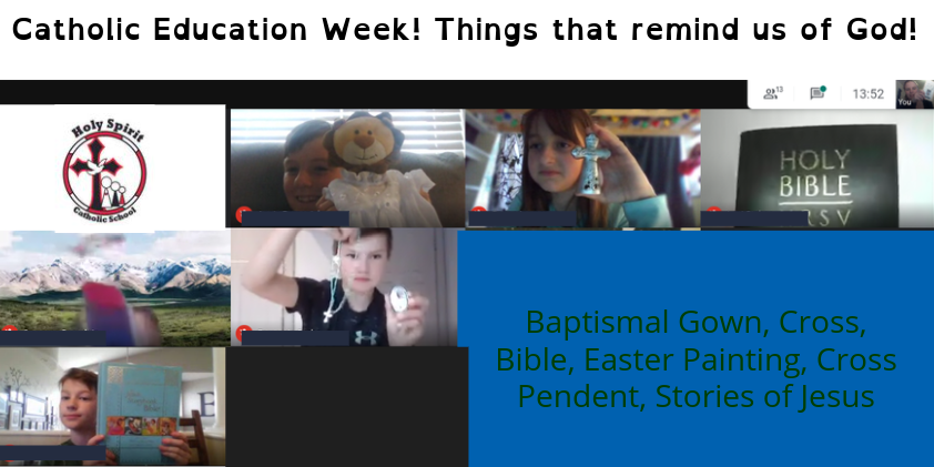 MrsADenton's tweet photo. It's Catholic Education Week, and though we're not in class, we can still celebrate our faith.  Students brought with them to the meet things that reminded them of God. #gr5fun #IBelieveinCatholicEd #ecssdLOVE https://t.co/eK5uHU6tdf