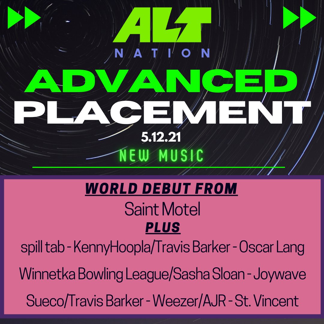 a world premiere from <a href="/SaintMotel/">SAINT MOTEL</a> plus new music from <a href="/dairyfuckinfree/">its spill tab</a> <a href="/KennyHoopla/">raisedbywolves.</a> <a href="/travisbarker/">Travis Barker</a> <a href="/oscarlangmusic/">Oscar Lang</a> <a href="/WinnetkaBowling/">Winnetka Bowling League</a> <a href="/joywave/">Joywave</a> <a href="/suecothechild/">sueco</a> <a href="/Weezer/">weezer</a> <a href="/AJRBrothers/">AJR</a> <a href="/st_vincent/">St. Vincent</a> on today's Advanced Placement at 7pE/4pP