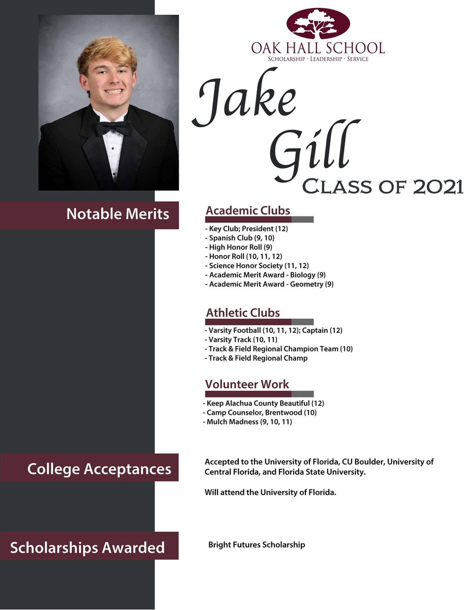 Next up for our #ClassOf2021 #SeniorProfiles is Jake Gill! We're proud of his accomplishments, and we are happy that he'll be joining several of his classmates at <a href="/UF/">FLORIDA</a>! Congrats, Jake! 🤩🦅🔜🐊#OnceAnEagleAlwaysAnEagle