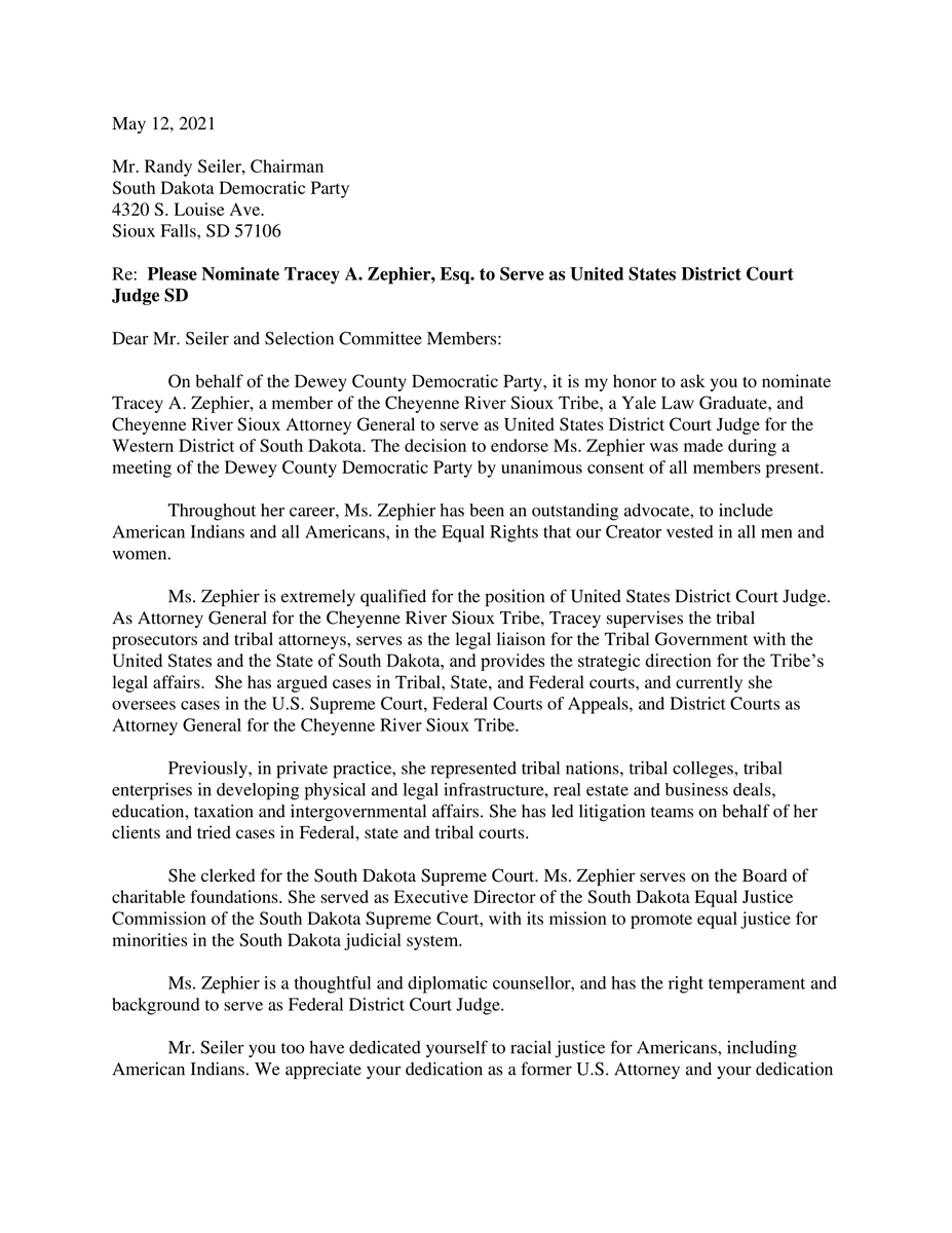 DeweyCountyDems's tweet photo. The Dewey County Democratic Party, Has Endorsed Tracey A. Zephier, Esq. to Serve As The Federal District Court Judge for the Western District of South Dakota.

Endorsement Contact Info:
Carl Petersen Chairman 
Dewey County Democratic Party
cjpetersen123@gmail.com https://t.co/uXP1NttHtq