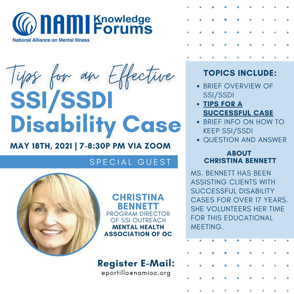 NAMIOC's tweet image. Christina Bennett from @MHAOrangeCty returns Tuesday, MAY 18TH at 7pm via Zoom to share with you the most effective tips for a successful #SSI/#SSDI case!

**SEATS ARE LIMITED!

RSVP with Ed Portillo at eportillo@namioc.org 

#disabilitycase #socialsecurity #mentalhealth #oc