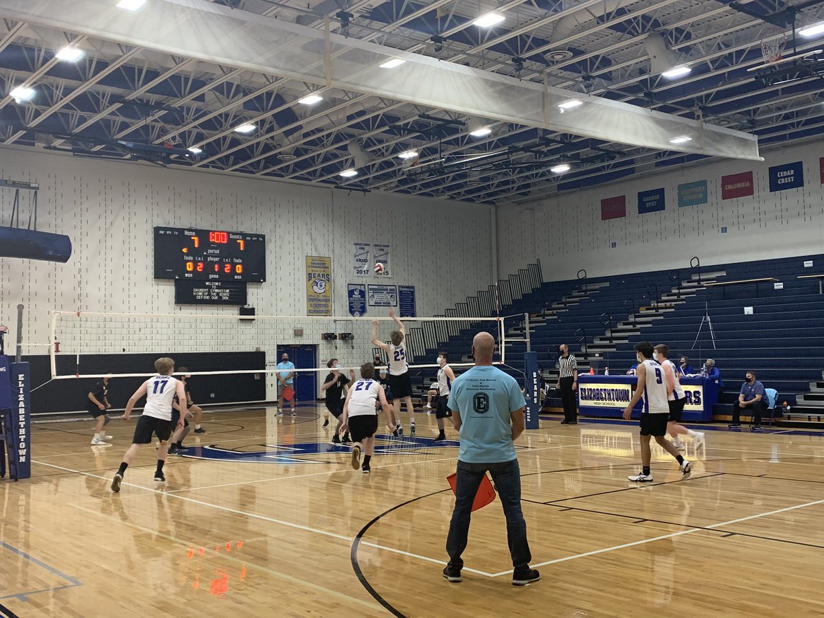 ETown boys VB up 9-8 on Lancaster Mennonite early in the first game. <a href="/EtownAreaHS/">Elizabethtown Area HS</a>