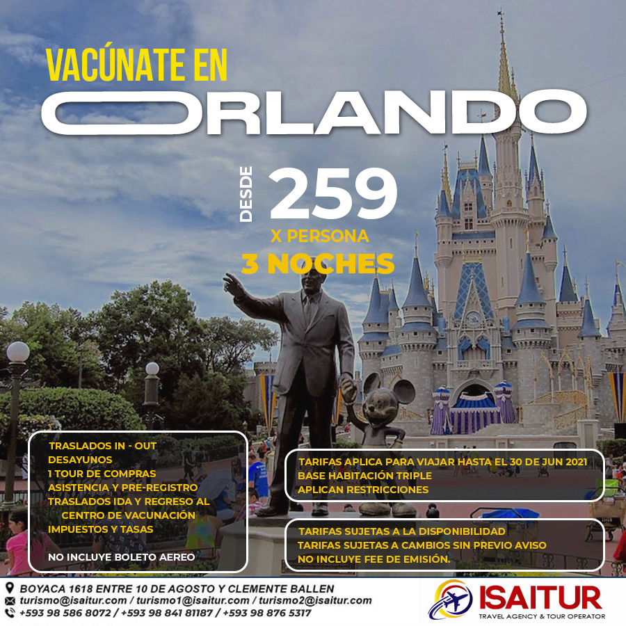 TurismoIsaitur's tweet photo. Viaja hasta el 30 de Junio y aprovecha este precio de regalo!. 

Recuerda que puedes recibir tus vacunas en Orlando
.
Vve, viaja y disfruta con Isaitur.
#IsaiturTeLleva.
.
#Vacaciones #Viajandoporelmundo #TarifasBajas #Turismo #Ecuador #promociones #viajeseguro https://t.co/4AKg6FjG8T