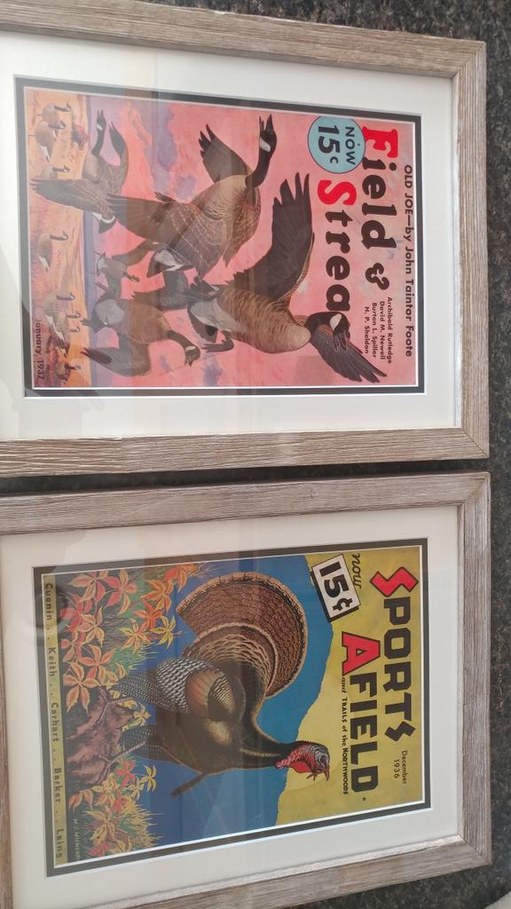 My oldest daughter picked this 1936 Sports Afield and 1937 Field and Stream up at an antique store for $2 each. Color and content was so good I had to frame them. Thanks babe. @cgladieux04 <a href="/FieldandStream/">Field & Stream</a>