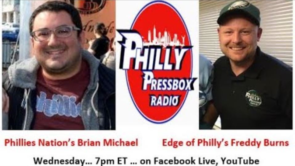 Chet_JimChesko's tweet photo. 7pm ET: @PhillyPressbox welcome #BrianMichael of @PhilliesNation and @FredHugo_ of @EOPsports to talk #Phillies #Eagles #Sixers, more. Use this link: https://t.co/xhNlWn1hVS https://t.co/WULcEP4ooH