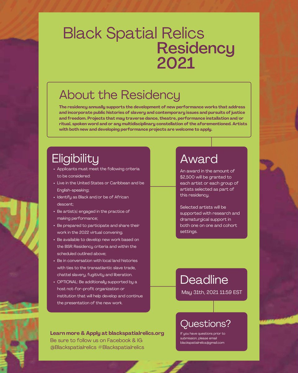 Caribbean Artists: Don't miss out on the annual Residency and Micro Grants for Community Care and Collective Research, organized by #BlackSpatialRelics (Application due on May 31) 
For more information, visit their website at blackspatialrelics.org