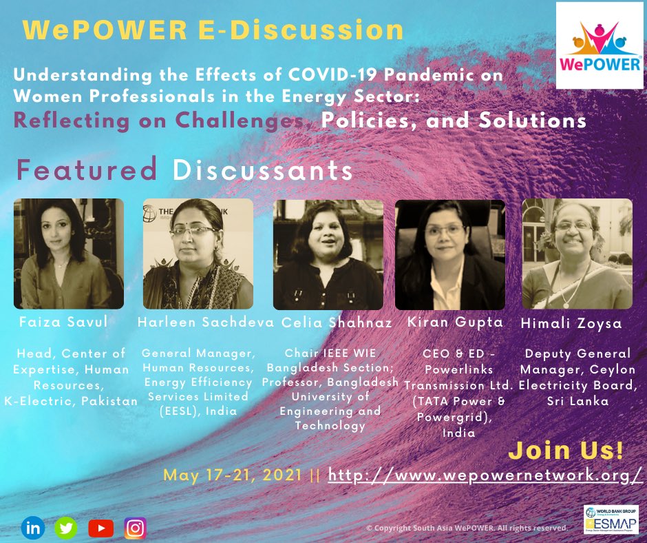 WePOWERNetwork's tweet photo. Join us for a weeklong #ediscussion with #WorldBank #WePOWER Partners on Understanding the #Impact of #COVID19 on #Women Professionals in the #Energy Sector in #SouthAsia. Here is the link to join: https://t.co/m2QoYHOqhw https://t.co/whllpvboYZ