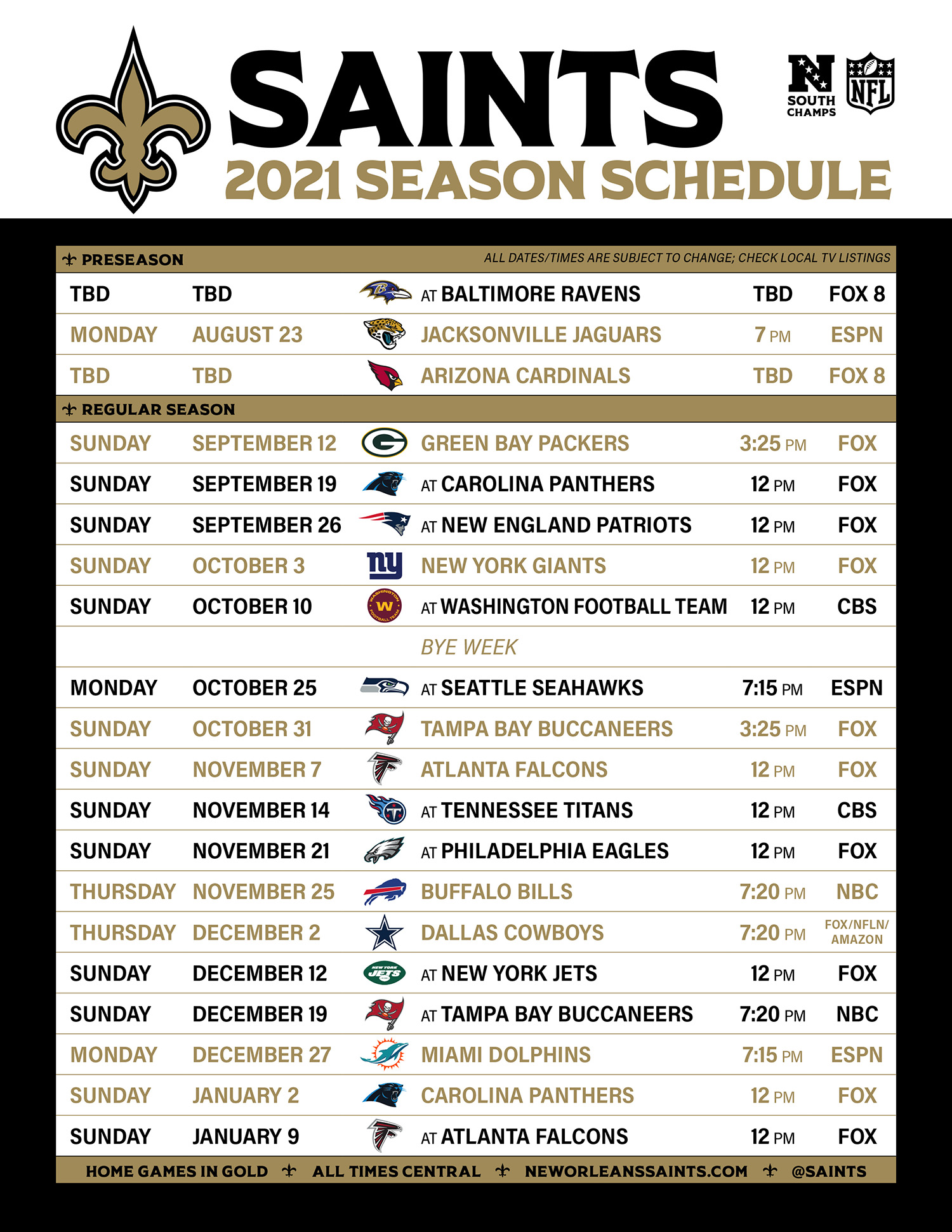 New Orleans Saints on X: 'our 2021 schedule! ⚜️ #Saints