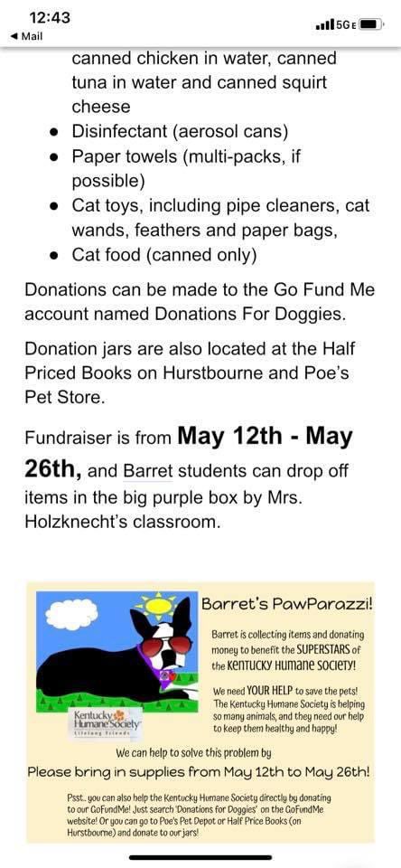 Barret TMS (@barretjcps) on Twitter photo Barret students & families, please help support our 6th gr. Service project benefiting the Kentucky Humane Society. The students have worked hard to help the community. Students, bring in your donations from May 12 to May 26. Thank you in advance for your support. <a href="/AmyStrite/">Amy Strite</a> Barret students & families, please help support our 6th gr. Service project benefiting the Kentucky Humane Society. The students have worked hard to help the community. Students, bring in your donations from May 12 to May 26. Thank you in advance for your support. <a href="/AmyStrite/">Amy Strite</a>